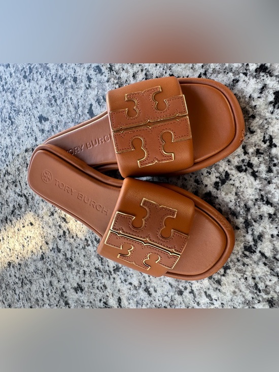 Tory Burch Shoes - Tory Burch Cognac Leather Slide Sandals with Logo Accent